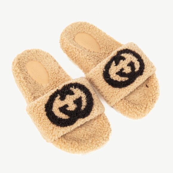Gucci Beige Merino-Wool Faux-Shearling Interlocking-GG Slide Sandals - Picture 1 of 11